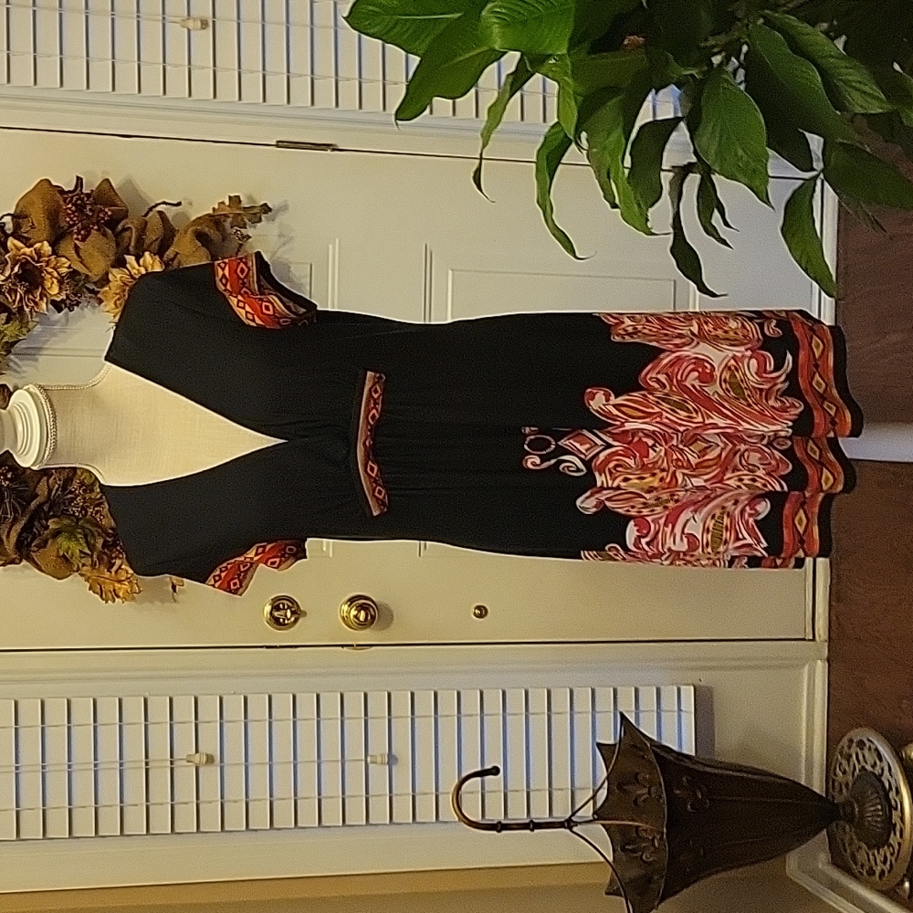 Snap black pink white paisley print pullover stretch dress Vneck Cap slv XL EUC…